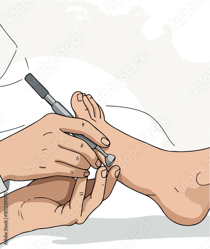 Podiatrist Examines Foot With Tools White Background Flat Design Vector
