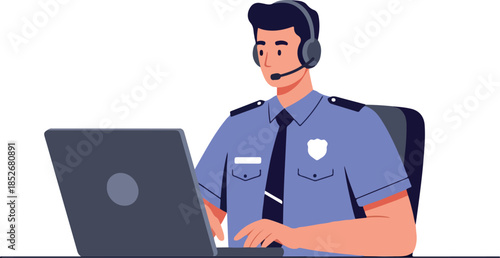 Police Officer Wearing Blue Uniform and Headset Works on Laptop Flat Design