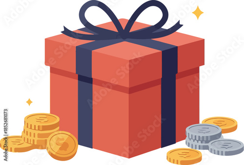 Red Gift Box With Coins And Sparkles Flat Design Isolated On White