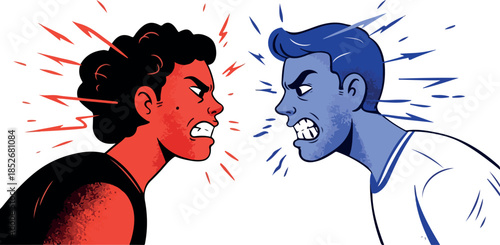 Red and Blue Men Confront Angry Faces Pixel Art Vector
