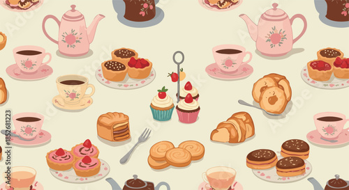 Retro Afternoon Tea Pattern with Pink Teacups and Sweet Pastries