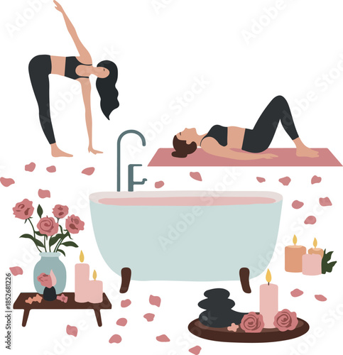 Relaxing Yoga Bath Scene with Candles and Flowers Minimalist Vector Art
