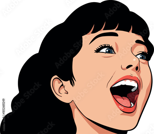 Retro Woman With Black Hair Blue Eyes Excited Expression On White Background Vector
