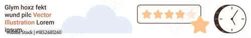 Customer service, satisfaction ratings, time management, online platforms, performance measurement, efficiency. Five-star rating, clock cloud. Customer service and satisfaction ratings visually
