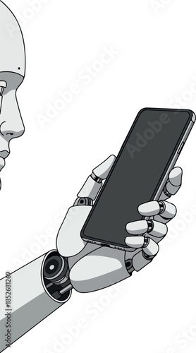 Robot Holding Smartphone Pixel Art Isolated On White Minimal Illustration