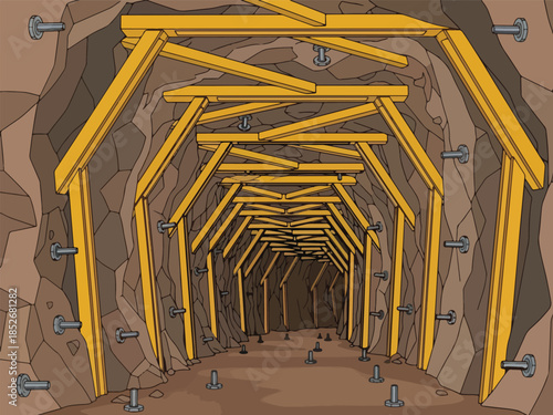 Tunnel supported by wooden beams and rock bolts receding into darkness