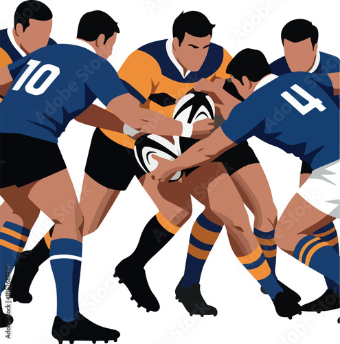 Rugby Players In Action Blue Orange Uniforms White Ball Isolated