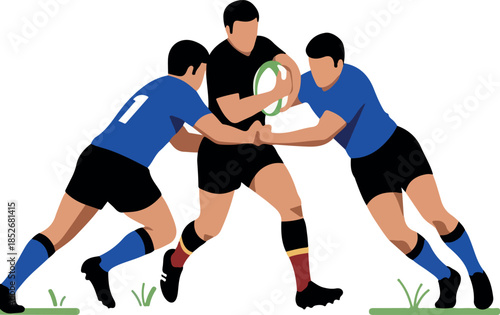 Rugby Players Tackle with Ball Blue Black Uniforms Green Grass Action