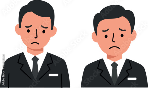 Sad Businessmen In Black Suits White Shirts With Ties Isolated White Background Minimalist Flat Design