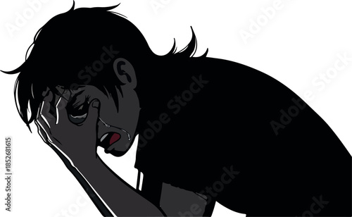 Sad Crying Black Silhouette Man Isolated On White Background Expression Of Grief And Pain