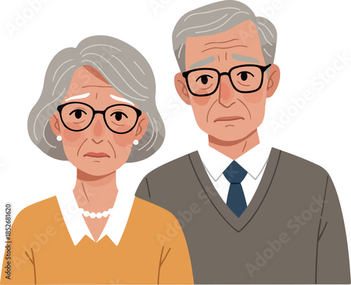 Sad Elderly Couple With Glasses Gray Hair Wearing Sweaters And Orange Top