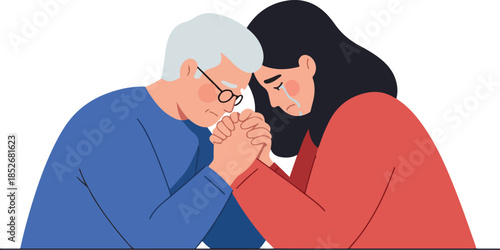 Sad Elderly Man and Woman Praying Together Holding Hands Comforting