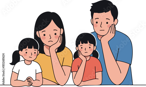 Sad Family Flat Illustration Four People Bored Mood
