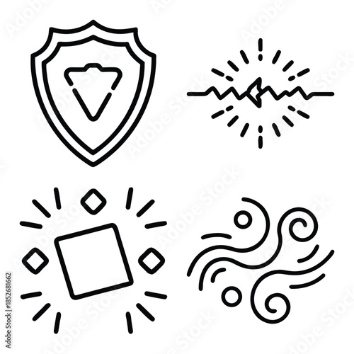 Security Shield Protection, Vital Heartbeat Pulse, Glowing Square Prism, and Abstract Wind Flow or Water Waves Outline Icons Set