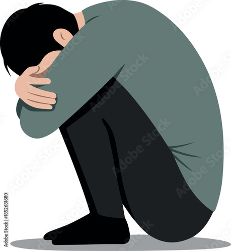 Sad Man In Teal Shirt Crouching With Head Down Minimal Illustration Flat Design