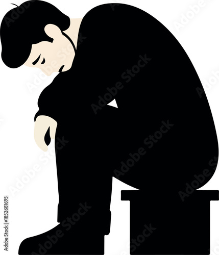 Sad Man Sitting Alone In Dark Black Clothes Minimalist Flat Illustration
