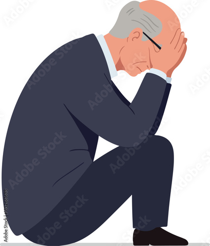 Sad Older Man In Blue Suit Crouching With Head In Hands