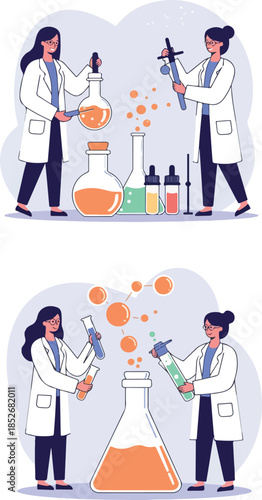 Scientists Conduct Experiments In A Lab With Colorful Beakers And Molecules