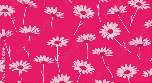 Seamless Pink Daisy Flower Pattern With White Stems On Bright Pink Background Vector