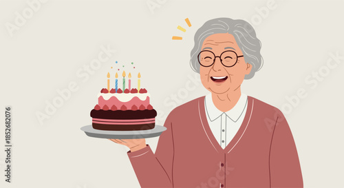 Senior Woman Holding Birthday Cake with Candles Pastel Background Flat Design