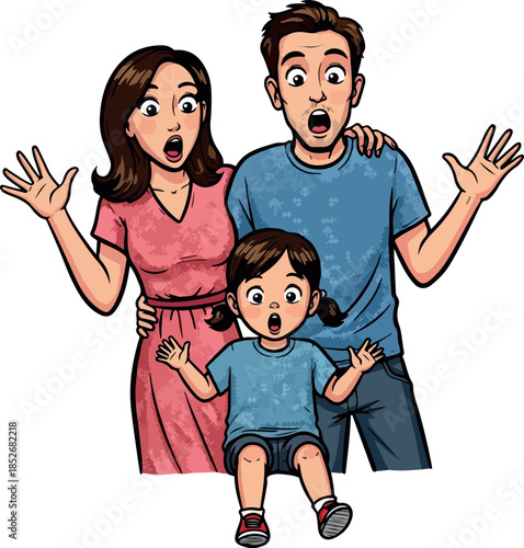 Shocked Family Man Woman Child Surprised Expression Flat Design Vector