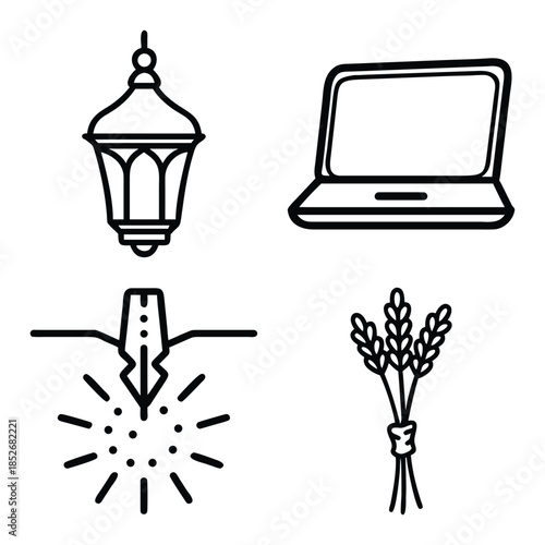 Traditional Ramadan Lantern, Laptop Computer, Abstract Sparking Fountain Pen Nib, and Tied Bundle of Wheat Grain Stalks Outline Icons Set