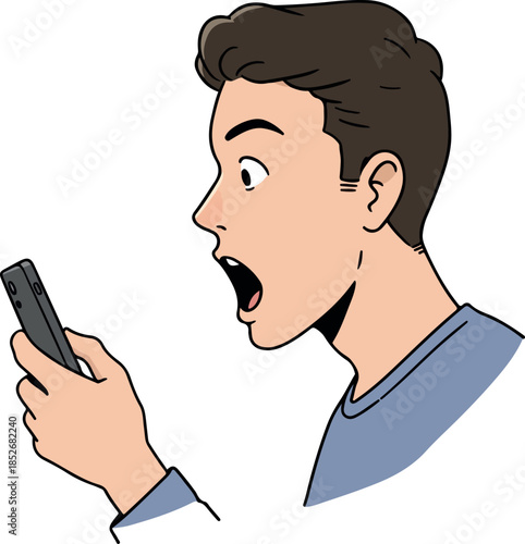 Shocked Man Holding Phone Looking Surprise Expression Flat Design
