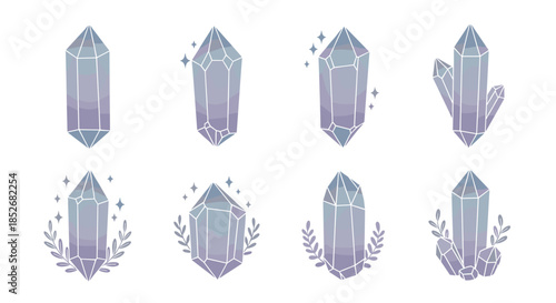 Magical collection of purple and blue crystal gems and minerals decorated with sparkling stars and delicate leaf branches on white.