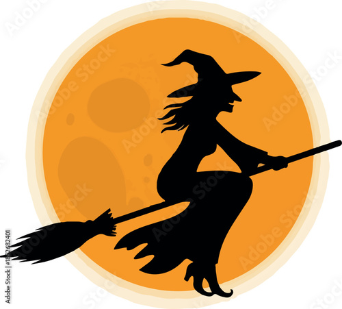 Silhouette Witch Flying Broomstick Moon Halloween Night Vector