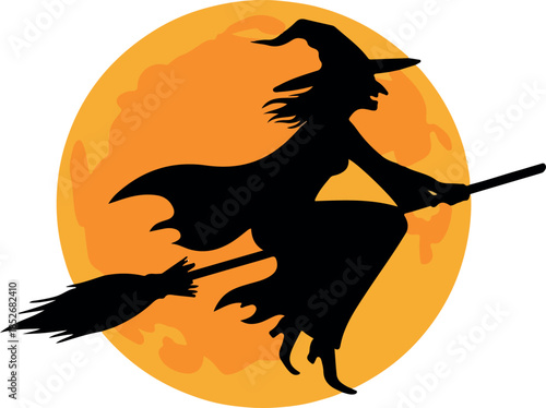 Silhouette Witch Flying Broomstick Orange Moon Night Sky Halloween Spooky