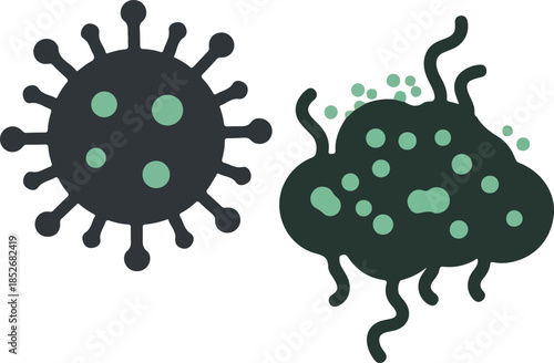 Simple Flat Vector Icons of Bacteria and Virus Dark Green Isolated