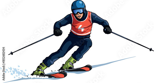 Ski Racer In Blue Outfit Carving Down Snowy Slope Vector Art