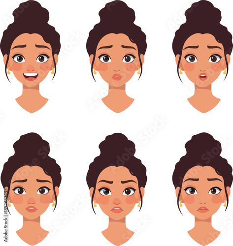 Six Different Cartoon Woman Face Expressions Vector Flat Illustration