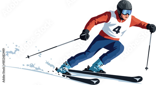 Skier Races Downhill Snow Slope with Poles Isolated on White