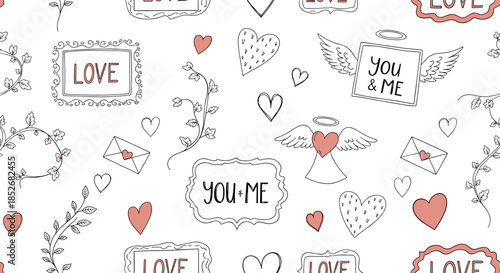 Beautiful seamless pattern for valentines day featuring hand-drawn hearts romantic phrases and angel wings with delicate red color accents.