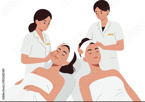 Skincare professionals apply face masks to women on spa beds