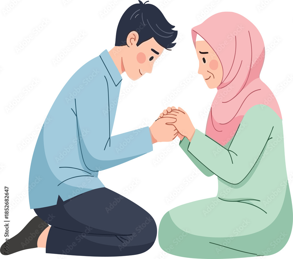 Obraz premium Illustration of Muslim Son Asking Forgiveness From Mother
