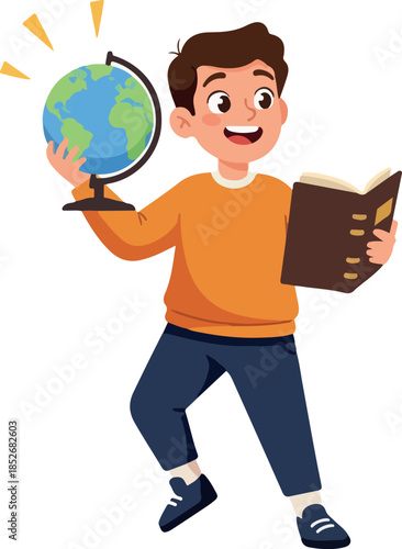 Smiling Boy Holding Globe And Book Orange Sweater Blue Pants White Background Flat Design