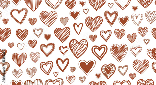Hand-drawn hearts seamless pattern in a warm brown color palette featuring various sizes and sketchy textures for a rustic romantic feel.