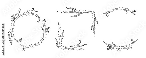 Thorn vine frames and borders vector set. Black twisted thorn branches, barbed stems, creepy patterns. Isolated design elements for tattoos, gothic art, religious symbols.
