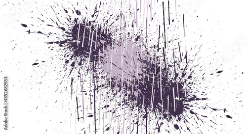 Abstract purple ink splatters and vertical line patterns creating a dynamic and textured artistic background on a plain white surface.