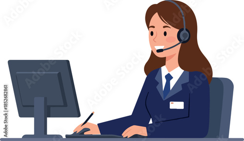 Smiling Woman Agent With Headset Works At Computer In Office