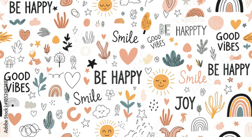 Uplifting seamless background pattern filled with hand-drawn elements like suns rainbows plants and positive motivational words in pastels.