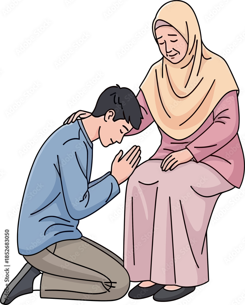 Obraz premium Illustration of Muslim Son Asking Forgiveness From Mother