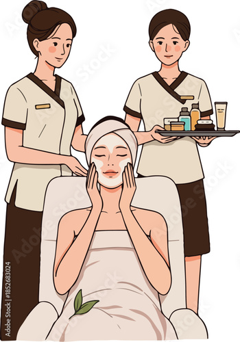 Spa Facial Treatment with Two Beauticians and Skincare Products Flat Design