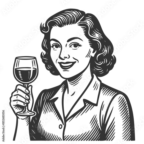 smiling woman holding a glass of wine, evoking mid-century advertisements and nostalgia sketch engraving generative ai fictional character vector illustration. Scratch board. Black and white image.