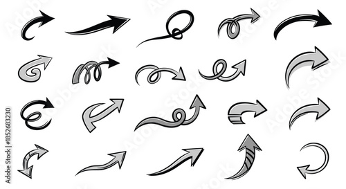 Extensive set of grey and black hand-drawn arrows with various curls loops and pointers for directional and decorative graphic design.