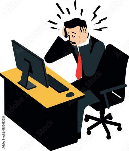 Stressed Businessman At Computer In Office Feeling Overwhelmed Blue Suit Red Tie