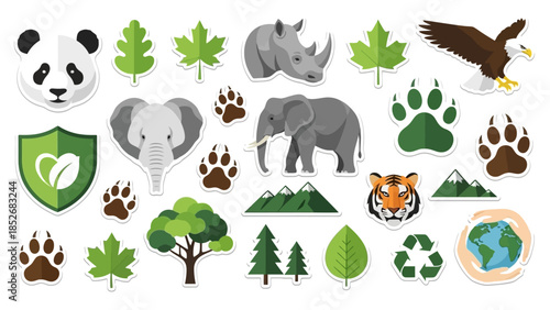 Wildlife and nature conservation stickers, animal and green environment protection