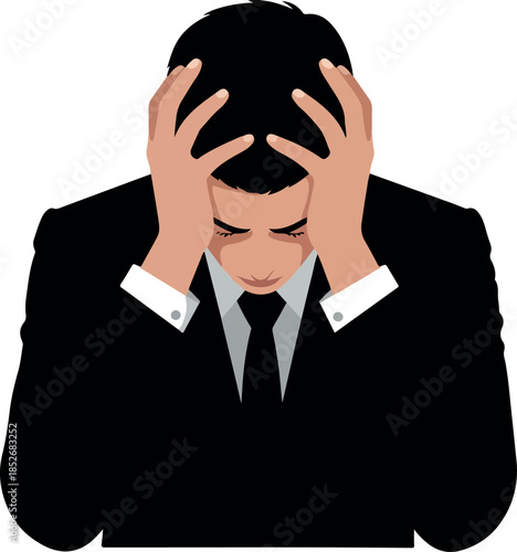 Stressed Businessman Holding Head In Hands White Shirt Black Suit
